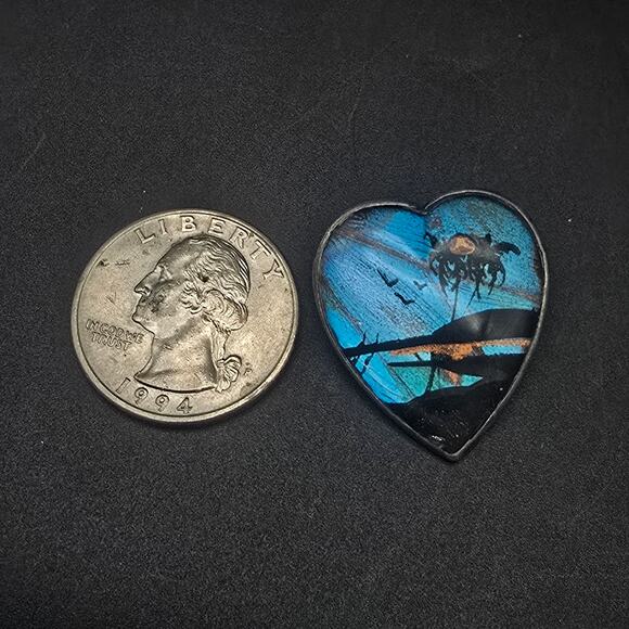 Sterling Silver Morpho Butterfly Wing Brooch Heart Shape Beach Theme - Picture 5 of 5